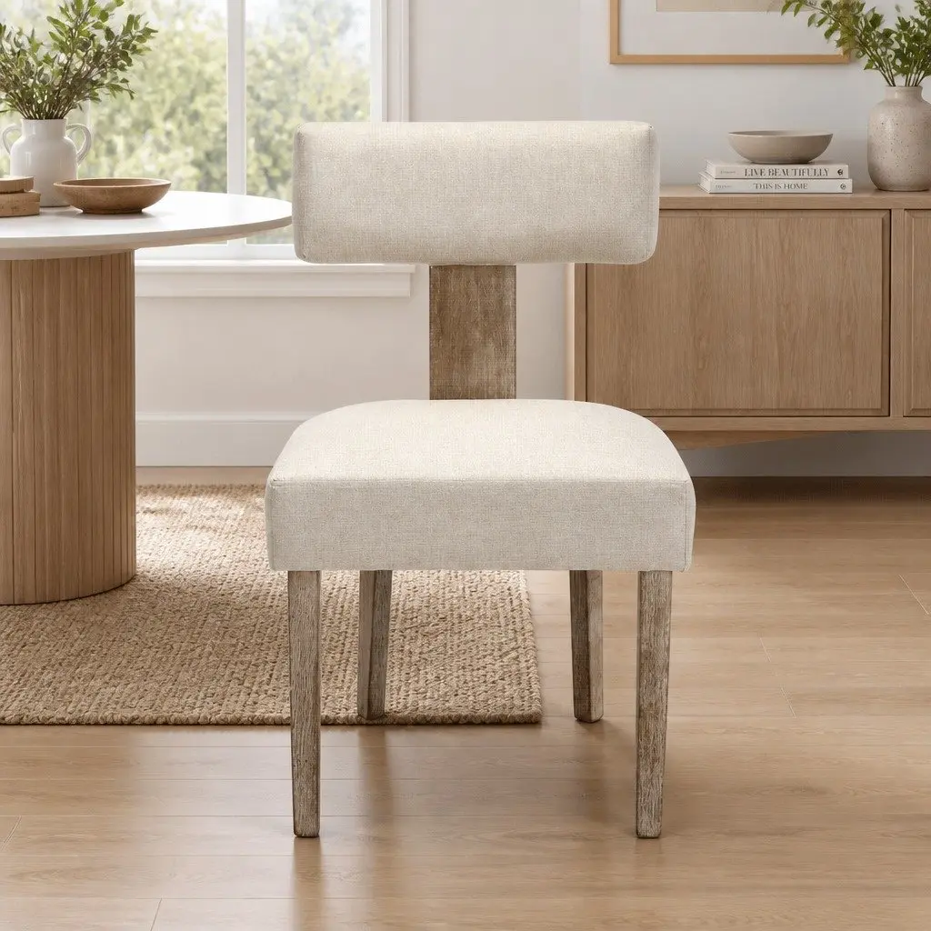 Set of 2 Beige Padded Seat Dining Chairs Wooden Frame Linen Fabric for Kitchen