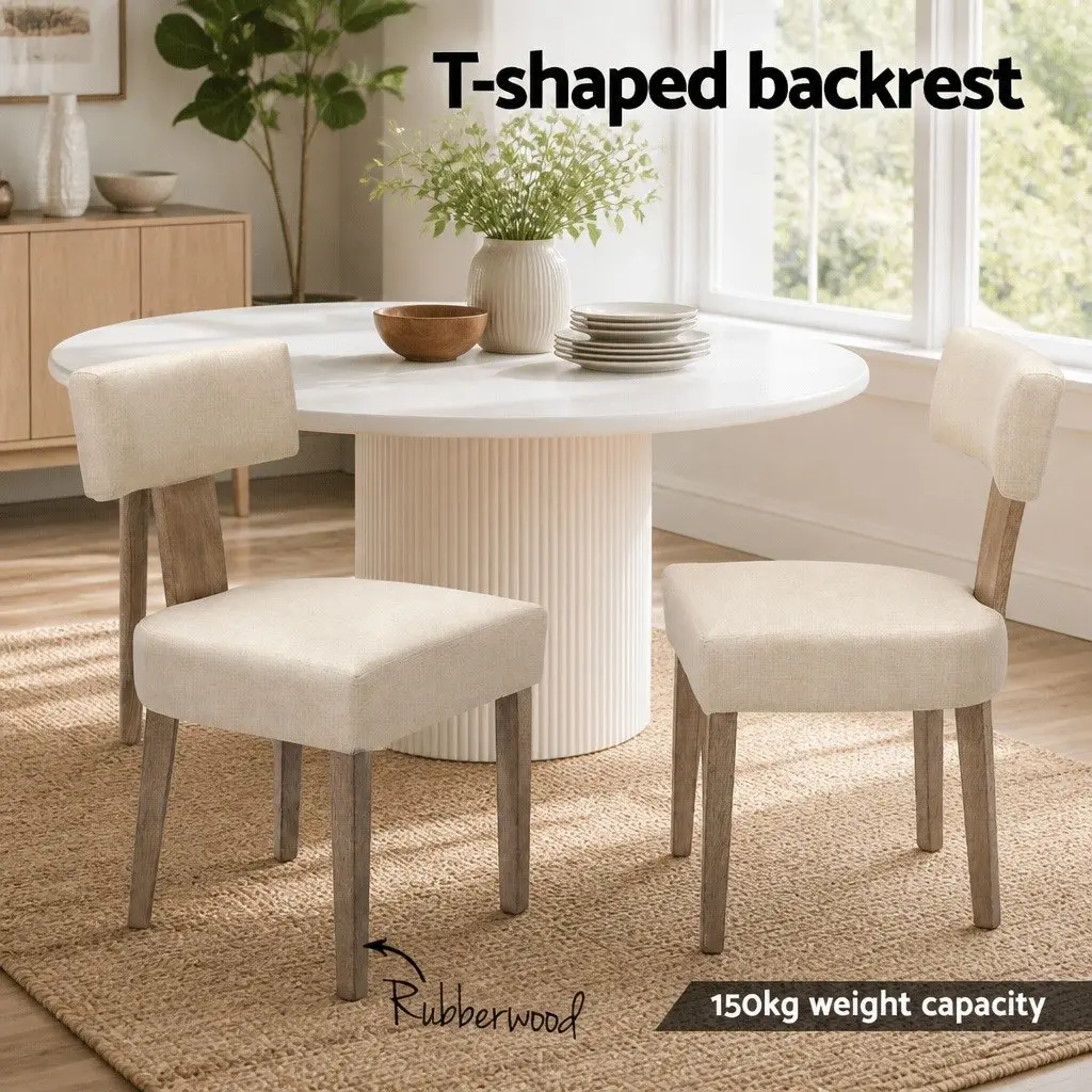 Set of 2 Beige Padded Seat Dining Chairs Wooden Frame Linen Fabric for Kitchen