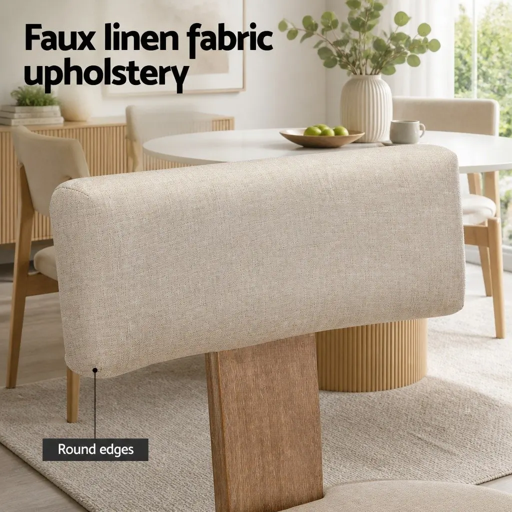 Set of 2 Beige Padded Seat Dining Chairs Wooden Frame Linen Fabric for Kitchen