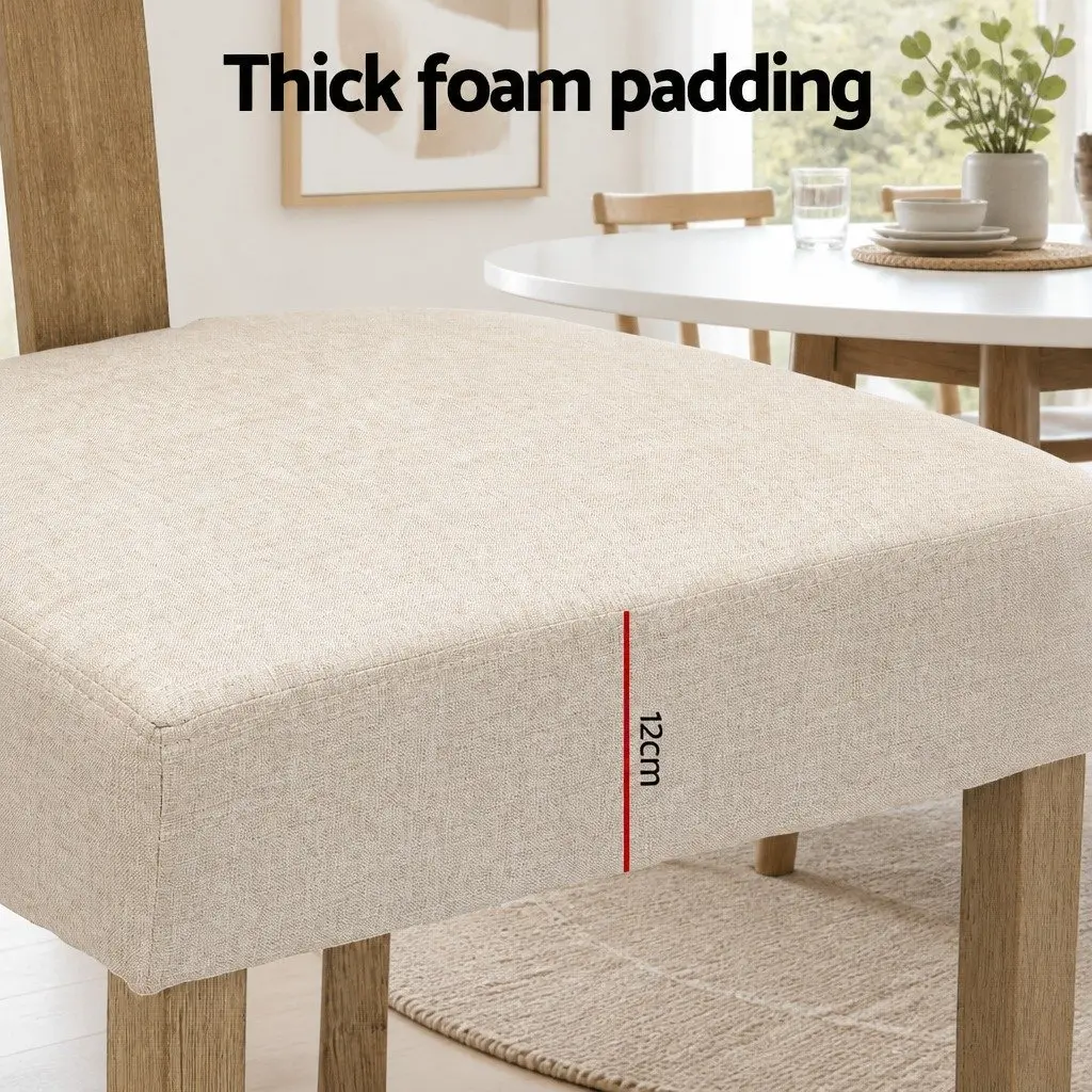 Set of 2 Beige Padded Seat Dining Chairs Wooden Frame Linen Fabric for Kitchen