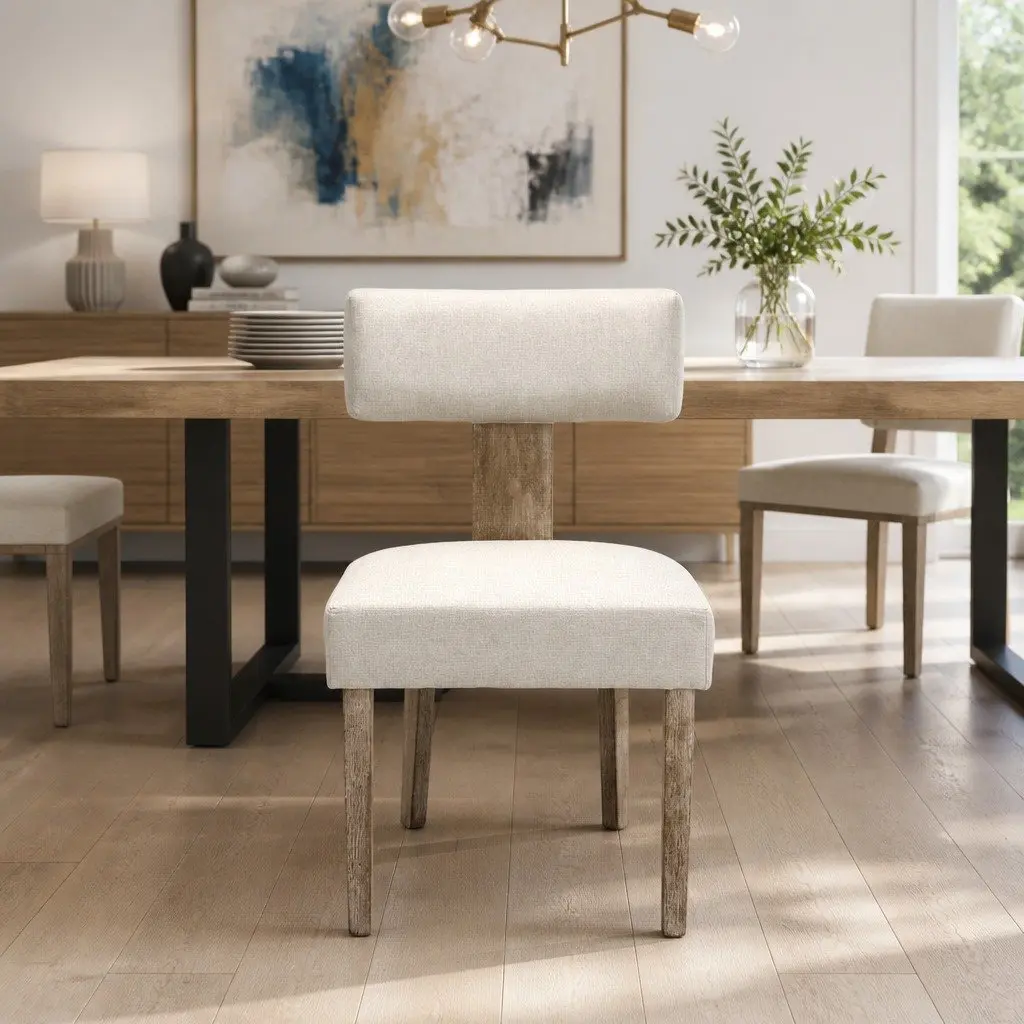 Dining Chairs Set of 4 Beige Linen Fabric Wooden Frame