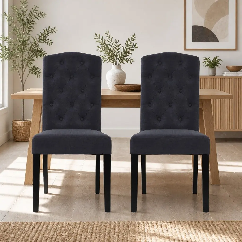 Dining Chairs Set of 2 Linen Parsons Dark Grey Tufted Button Design