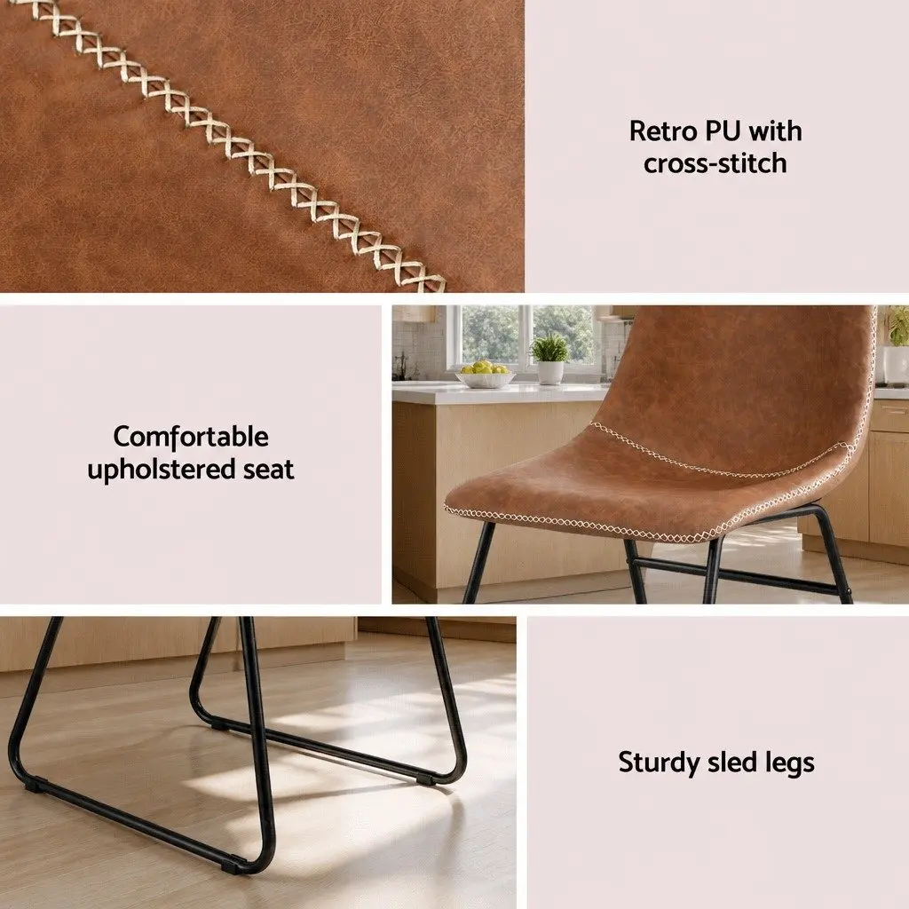 Dining Chairs Retro Kitchen Lounge Accent Seat Brown PU Leather Sled Legs x2