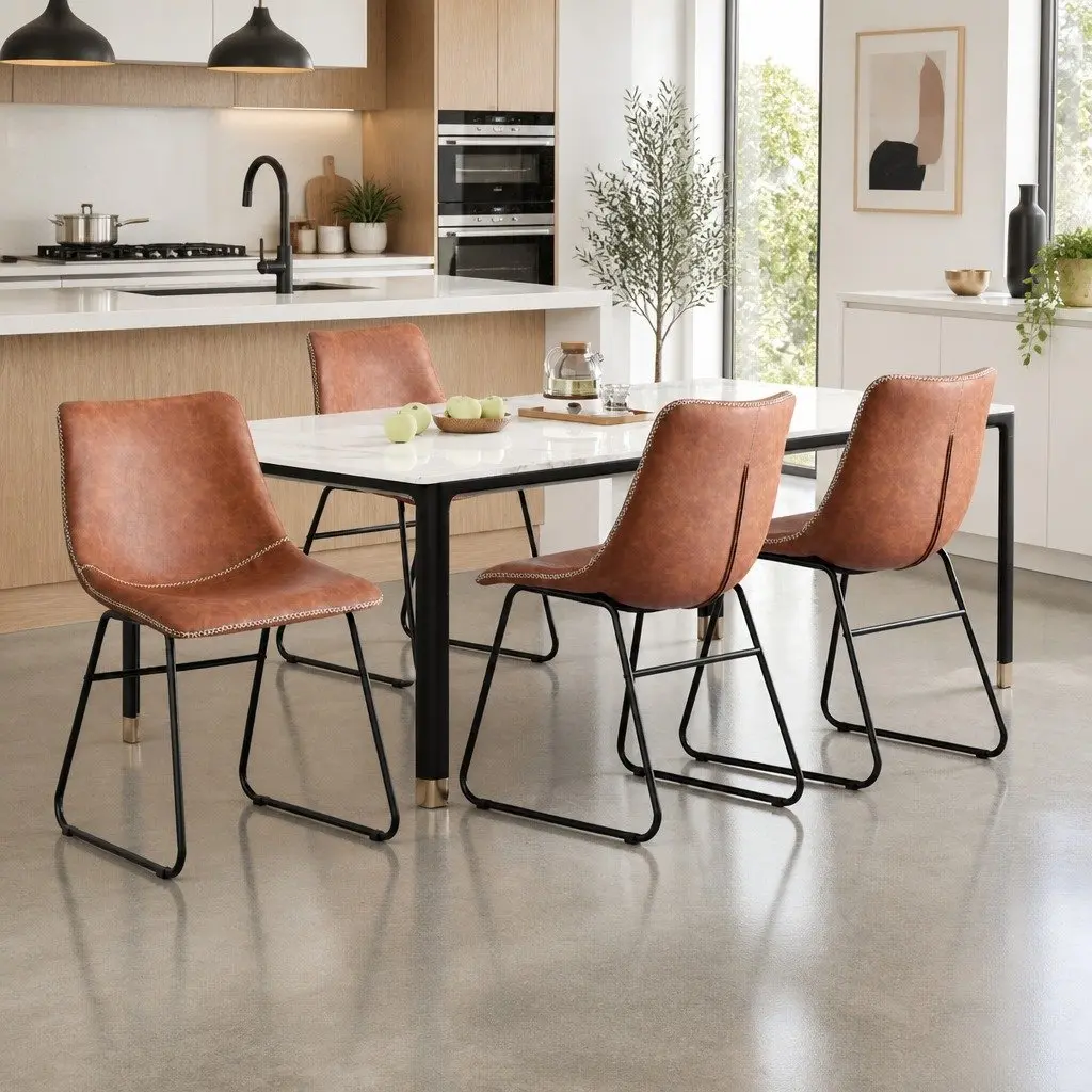 Dining Chairs Retro Kitchen Lounge Accent Seating 4 Piece Brown Padded Backrest