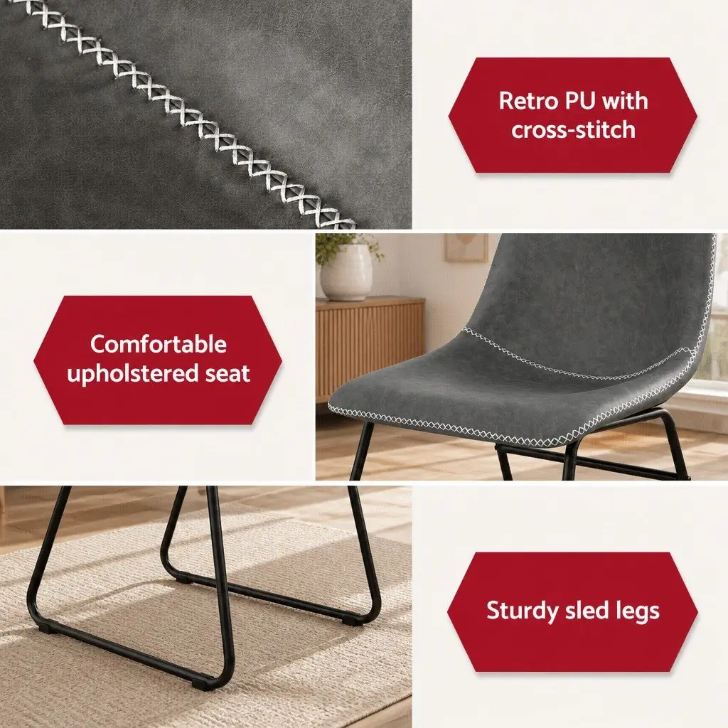 Retro Dining Chairs Set of 2 PU Leather Kitchen Lounge Accent Seating Grey