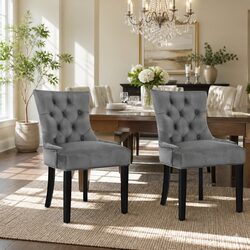 Set of 2 Grey Velvet Dining Chairs with Comfort