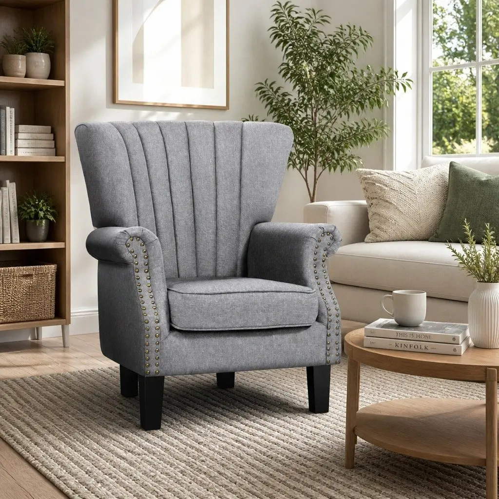 Armchair Wingback Grey Button Studs Waterfall Design Faux Linen Full-Size