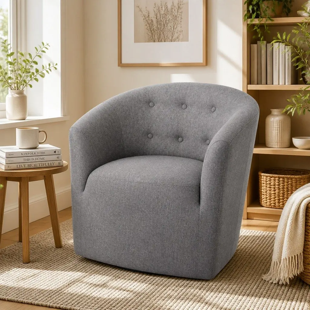 Grey Armchair Tub Chair Tufted Upholstered Lounge Seat Wooden Frame Foam Padding