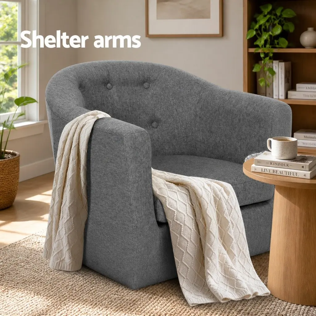 Grey Armchair Tub Chair Tufted Upholstered Lounge Seat Wooden Frame Foam Padding