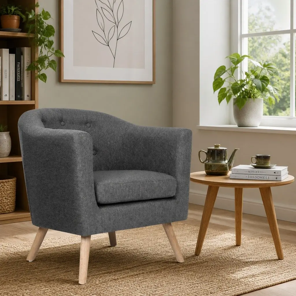 Grey Armchair Tub Chair Tufted Upholstered Lounge Seat Wooden Frame Foam Padding