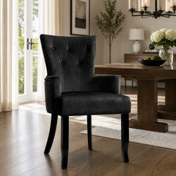 Dining Chair French Provincial Armchair Black Velvet Upholstered Wood Legs