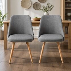 Dining Chairs Set of 2 Grey Fabric Wooden Frame Kitchen Seating Retro Design