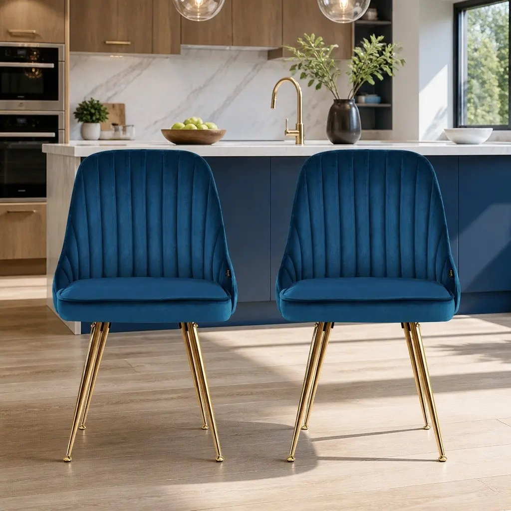 Dining Chairs Set of 2 Blue Velvet Upholstery Channel Tufted with Metal Legs
