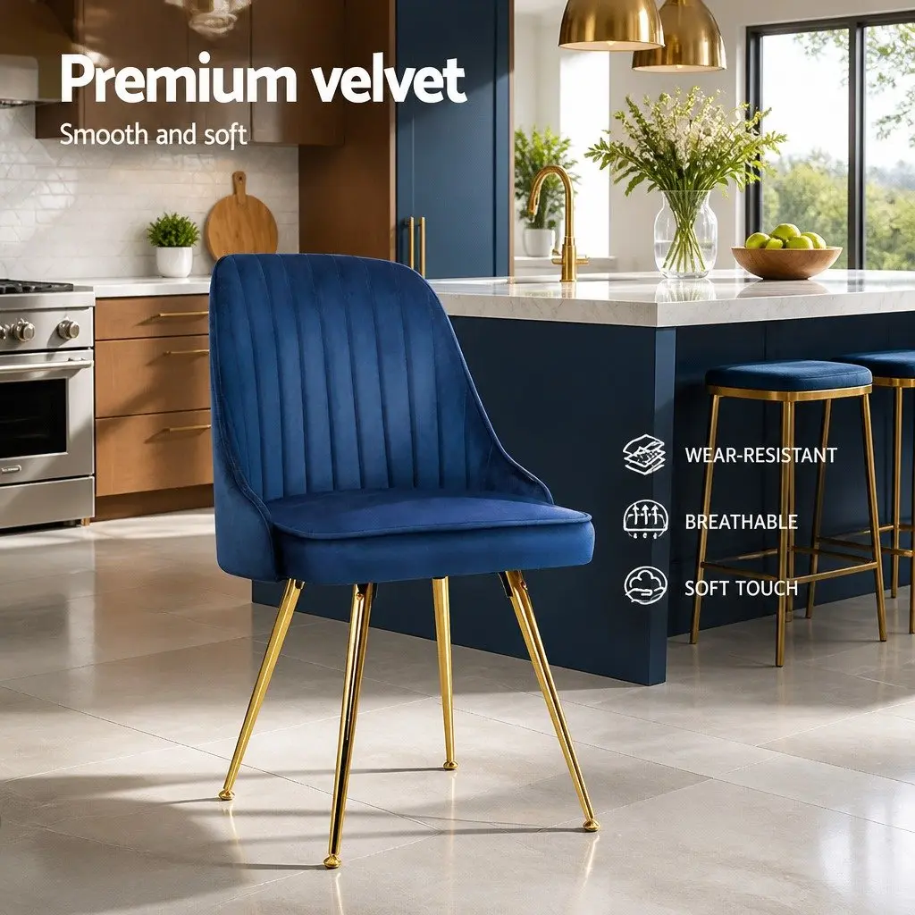 Dining Chairs Set of 2 Blue Velvet Upholstery Channel Tufted with Metal Legs