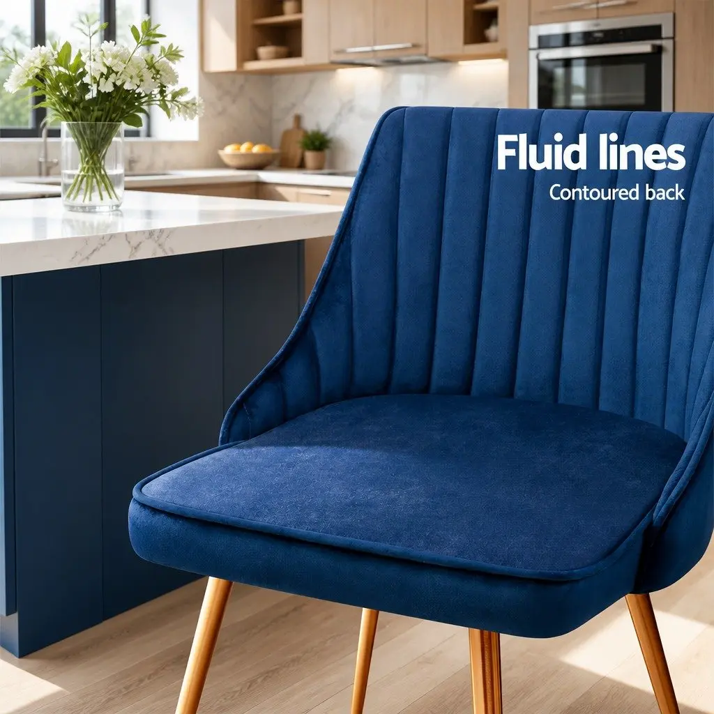 Dining Chairs Set of 2 Blue Velvet Upholstery Channel Tufted with Metal Legs