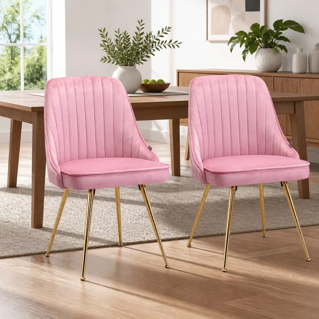 Dining Chairs Set of 2 Pink Velvet Channel Tufted Scallop Shell Back Design