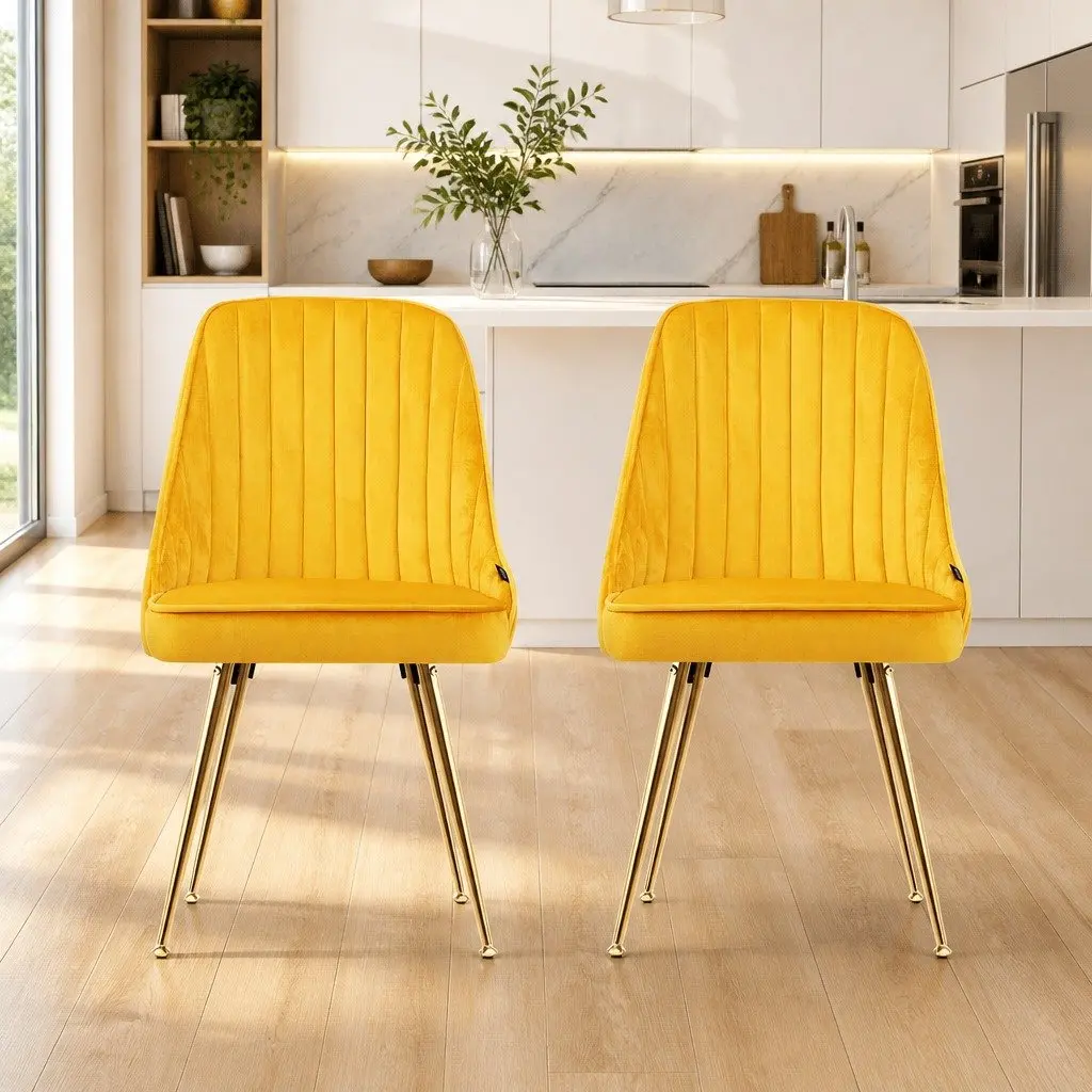 Dining Chairs Velvet Upholstered Scallop Shell Back Yellow 2 Piece
