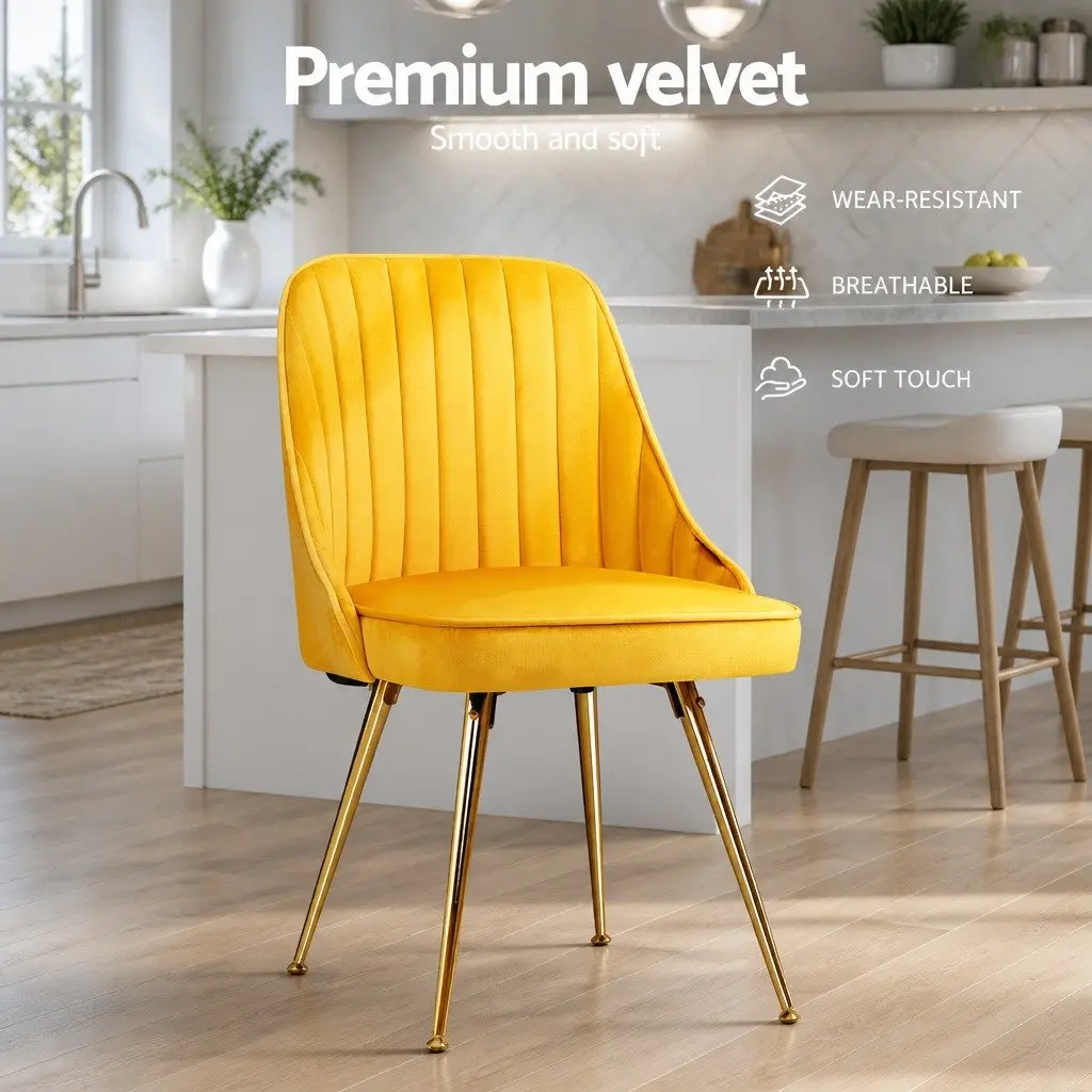 Dining Chairs Velvet Upholstered Scallop Shell Back Yellow 2 Piece