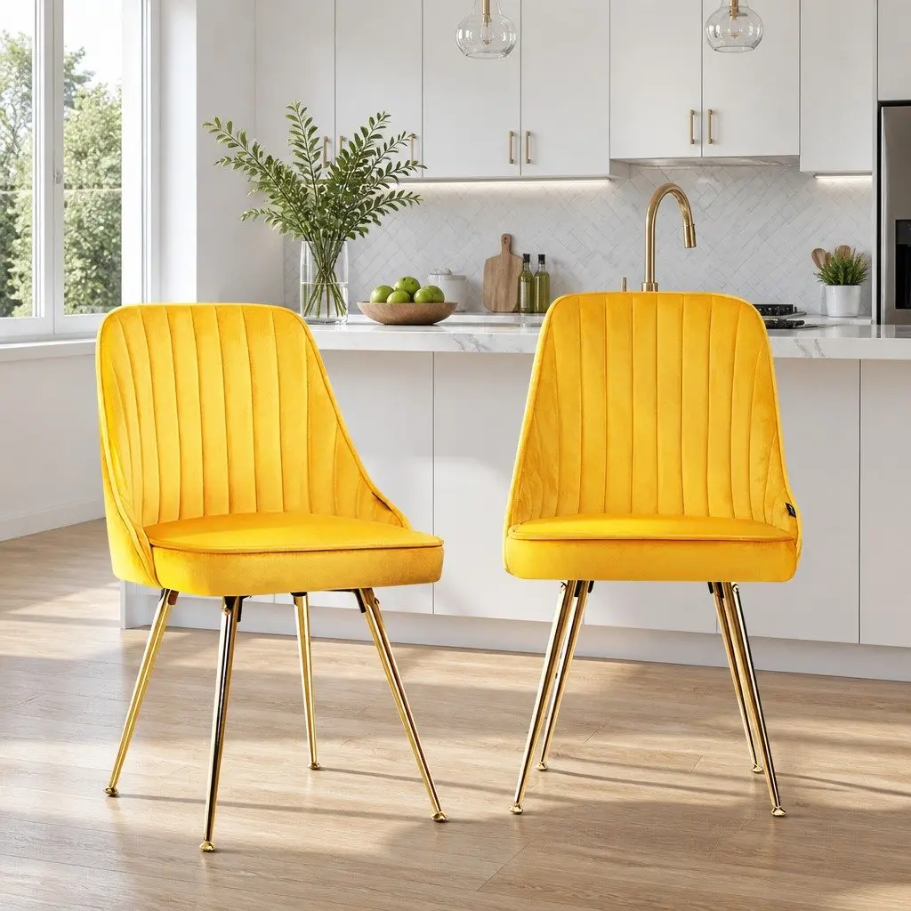 Dining Chairs Velvet Upholstered Scallop Shell Back Yellow 2 Piece