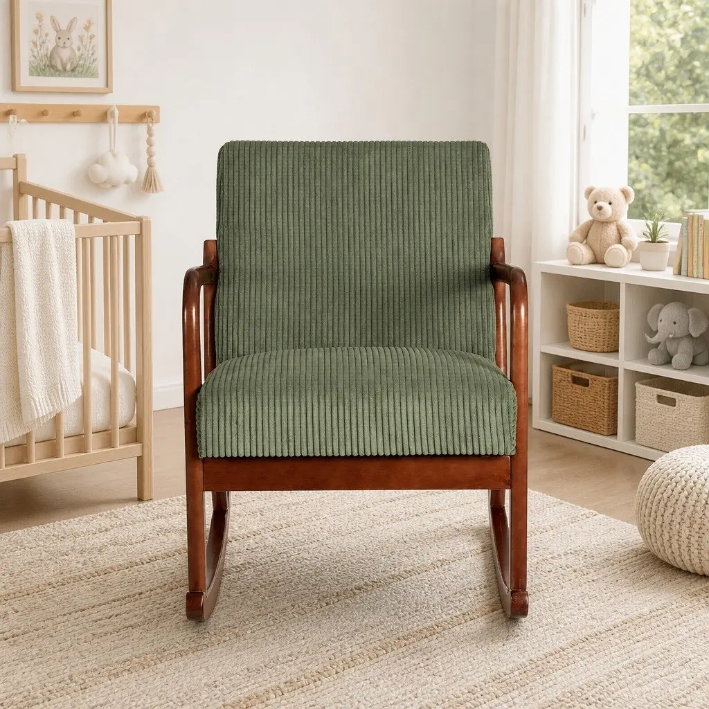 Rocking Armchair Lounge Chair Green Corduroy Modern Scandinavian Style