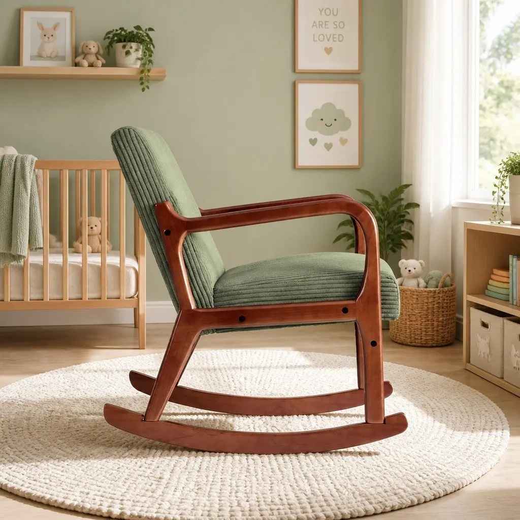 Rocking Armchair Lounge Chair Green Corduroy Modern Scandinavian Style