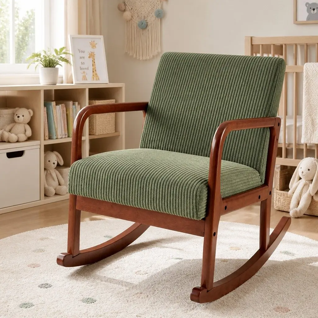 Rocking Armchair Lounge Chair Green Corduroy Modern Scandinavian Style