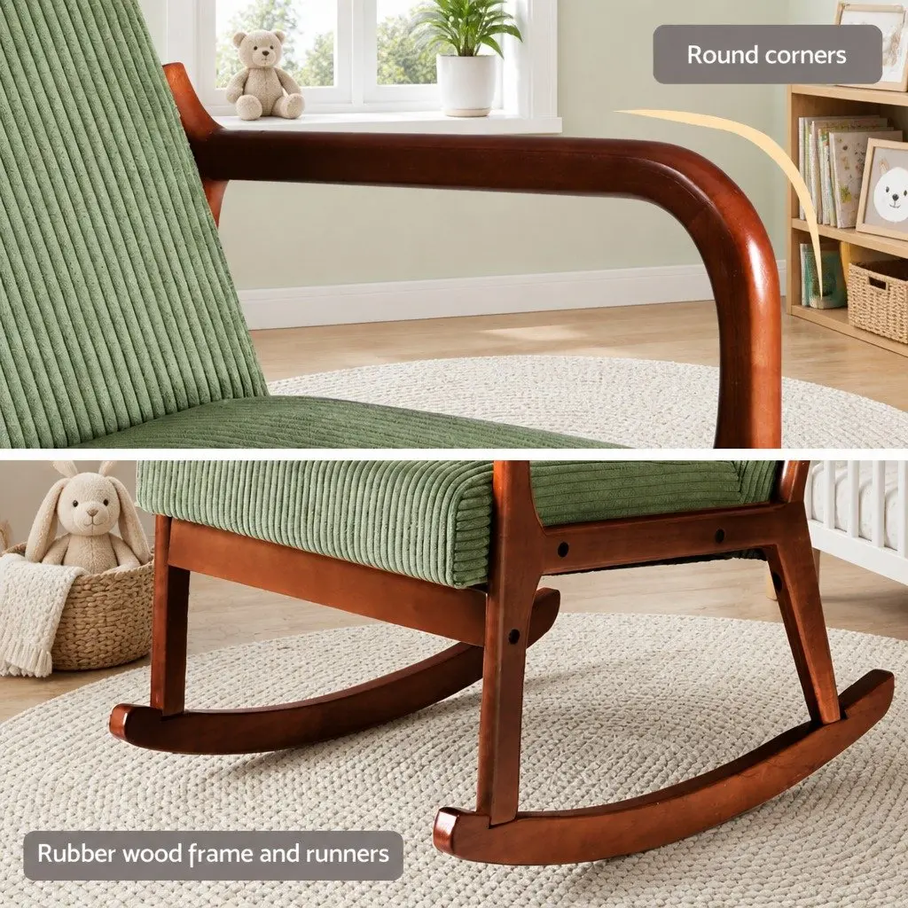 Rocking Armchair Lounge Chair Green Corduroy Modern Scandinavian Style