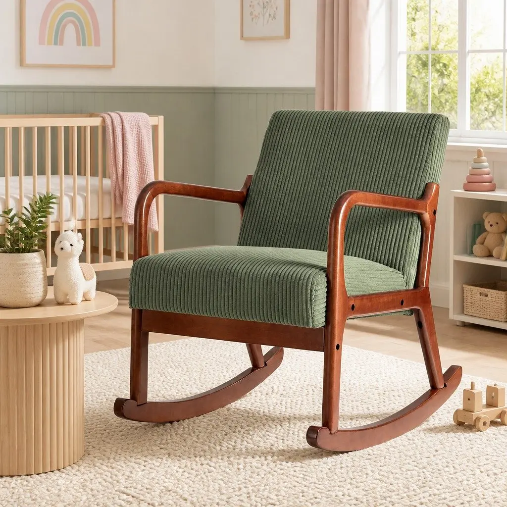 Rocking Armchair Lounge Chair Green Corduroy Modern Scandinavian Style