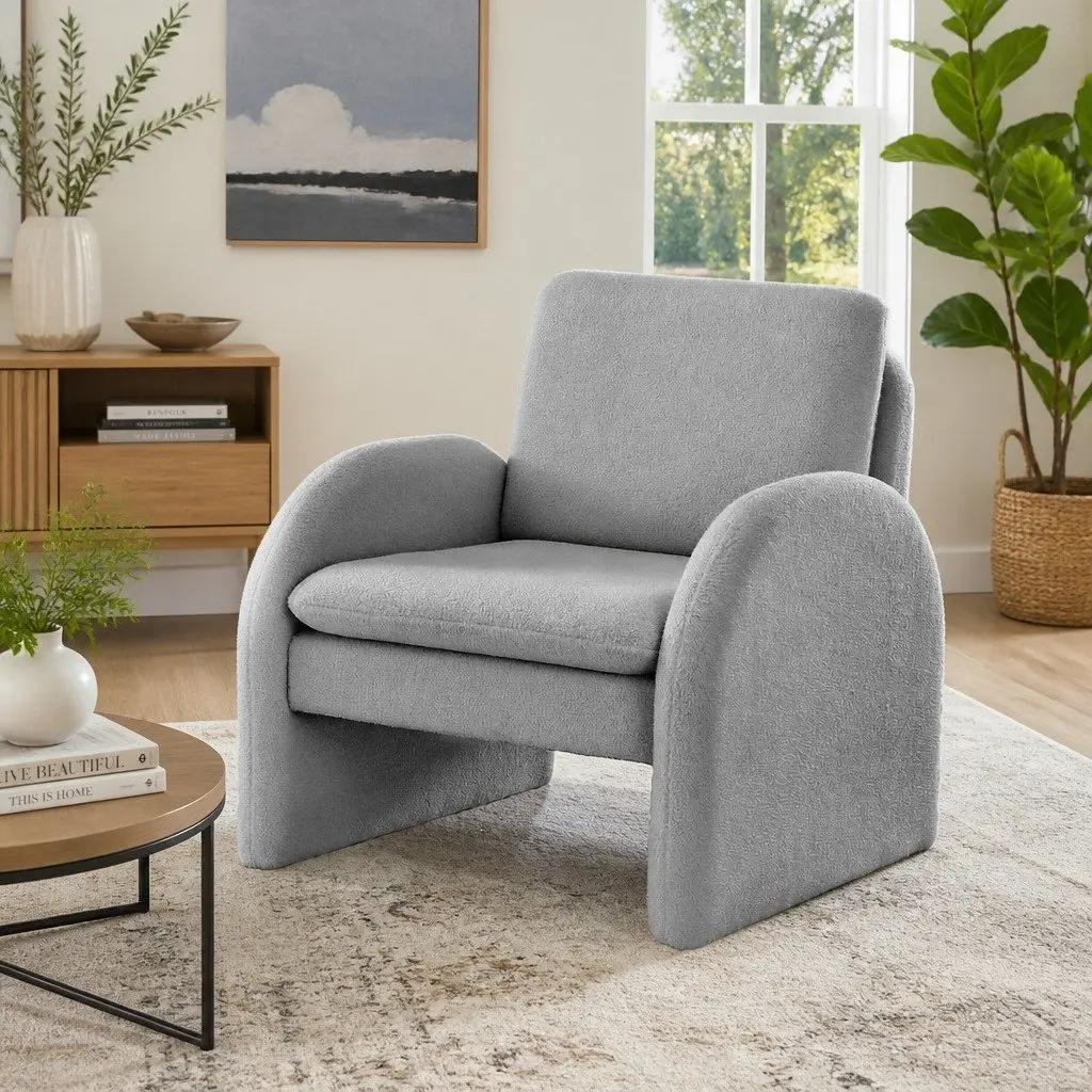 Accent Armchair Lounge Chair Curved Arm Seat Grey Boucle 75cm W x 76cm D x 87cm H