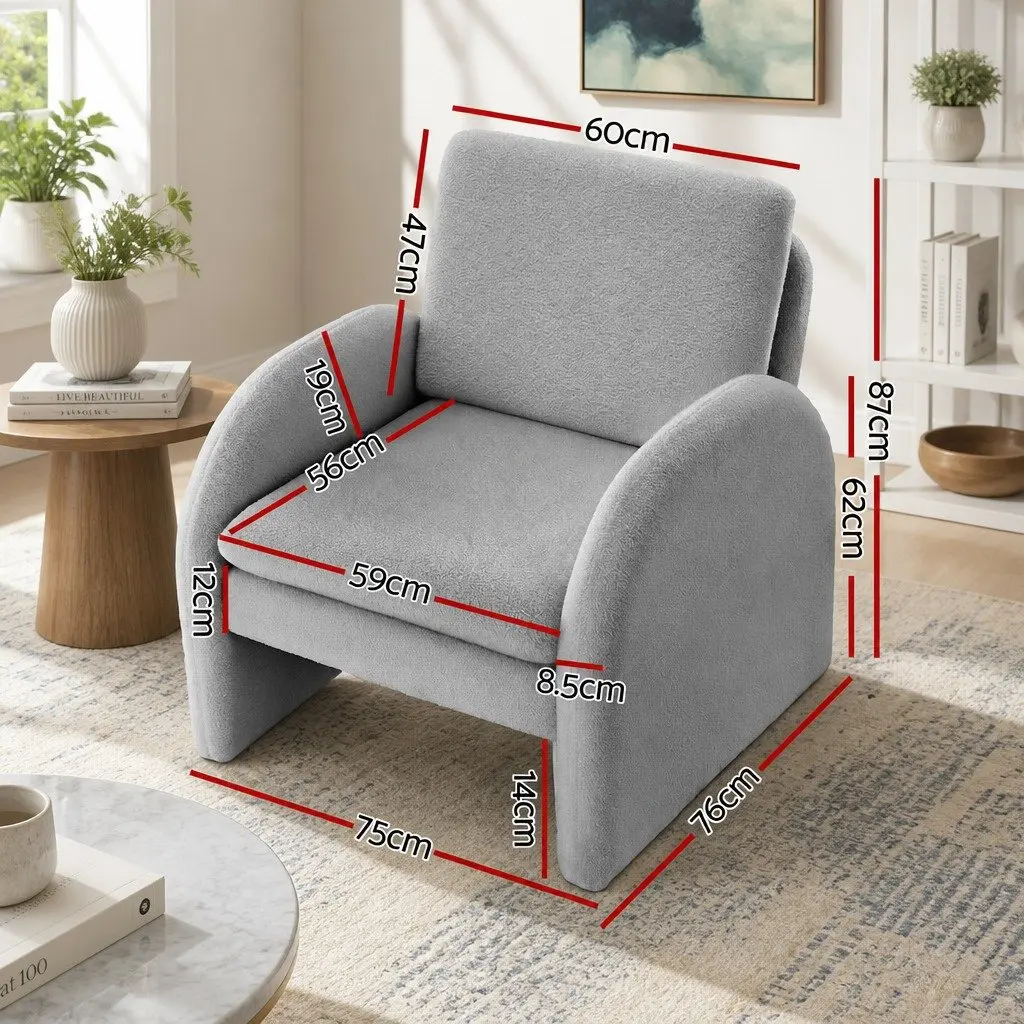 Accent Armchair Lounge Chair Curved Arm Seat Grey Boucle 75cm W x 76cm D x 87cm H