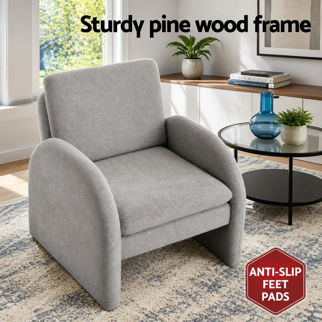 Accent Armchair Lounge Chair Curved Arm Seat Grey Boucle 75cm W x 76cm D x 87cm H