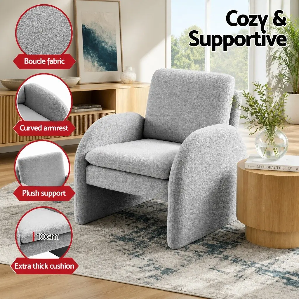 Accent Armchair Lounge Chair Curved Arm Seat Grey Boucle 75cm W x 76cm D x 87cm H