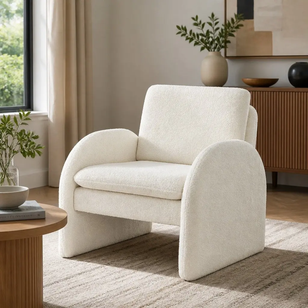 Armchair Accent Chair Lounge Tub Sofa Curved Arm Seat Boucle White