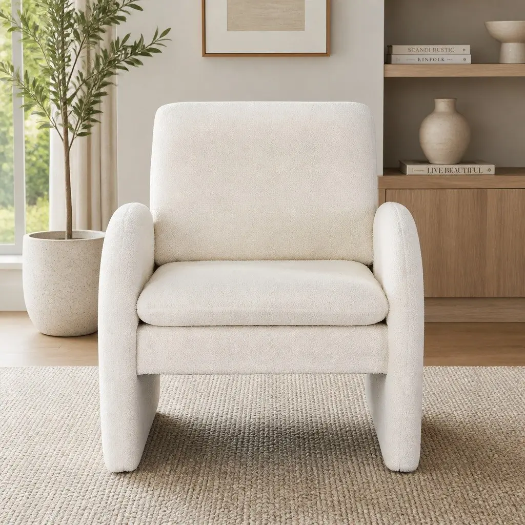 Armchair Accent Chair Lounge Tub Sofa Curved Arm Seat Boucle White