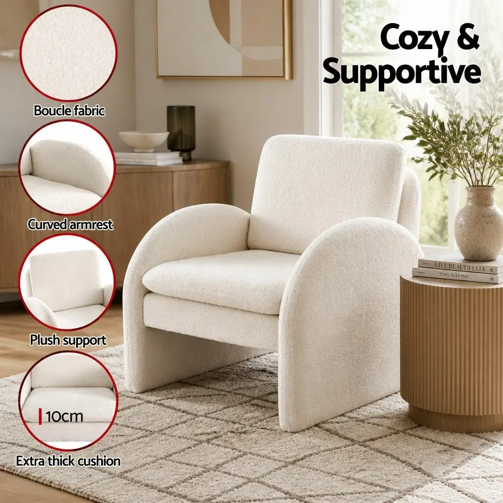 Armchair Accent Chair Lounge Tub Sofa Curved Arm Seat Boucle White