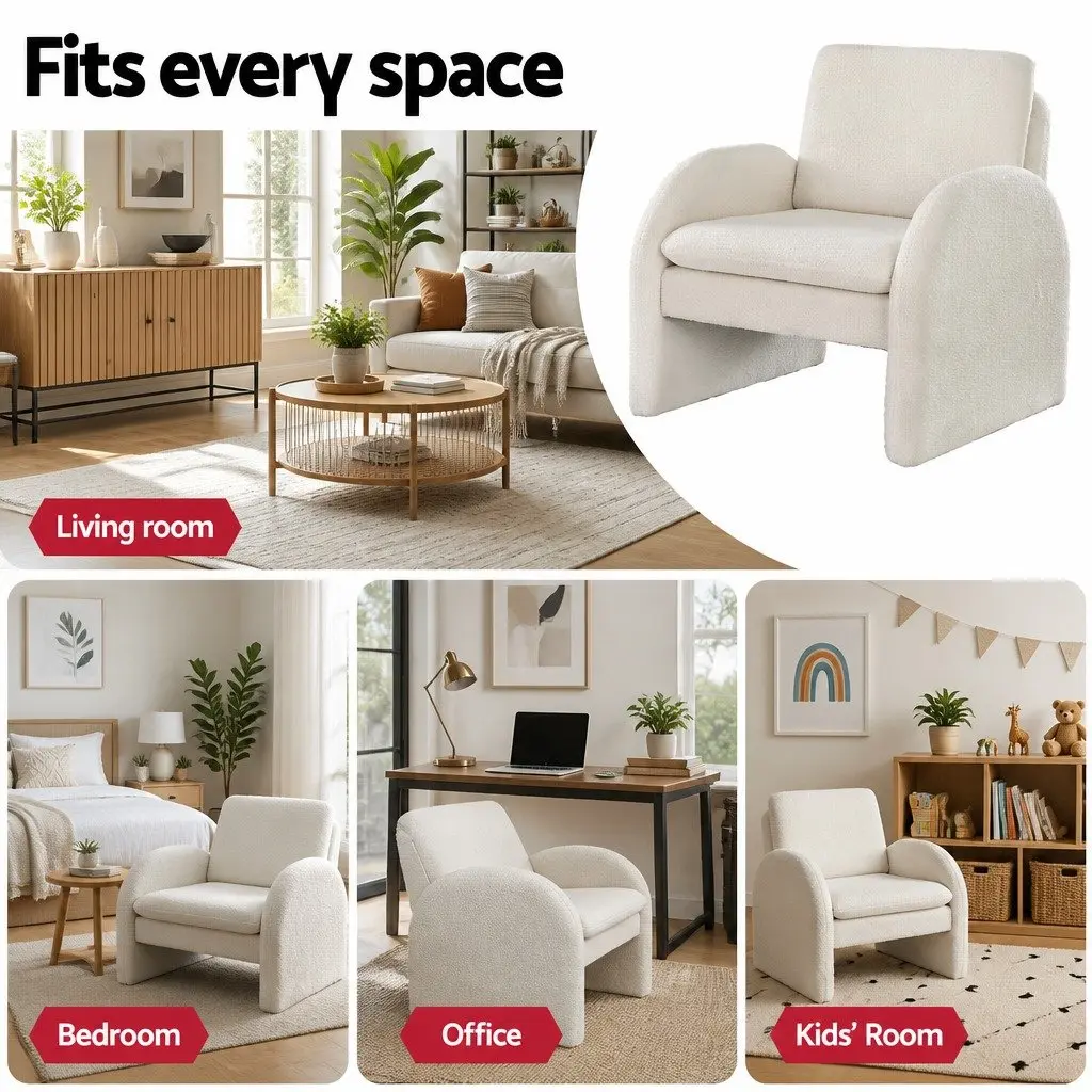 Armchair Accent Chair Lounge Tub Sofa Curved Arm Seat Boucle White