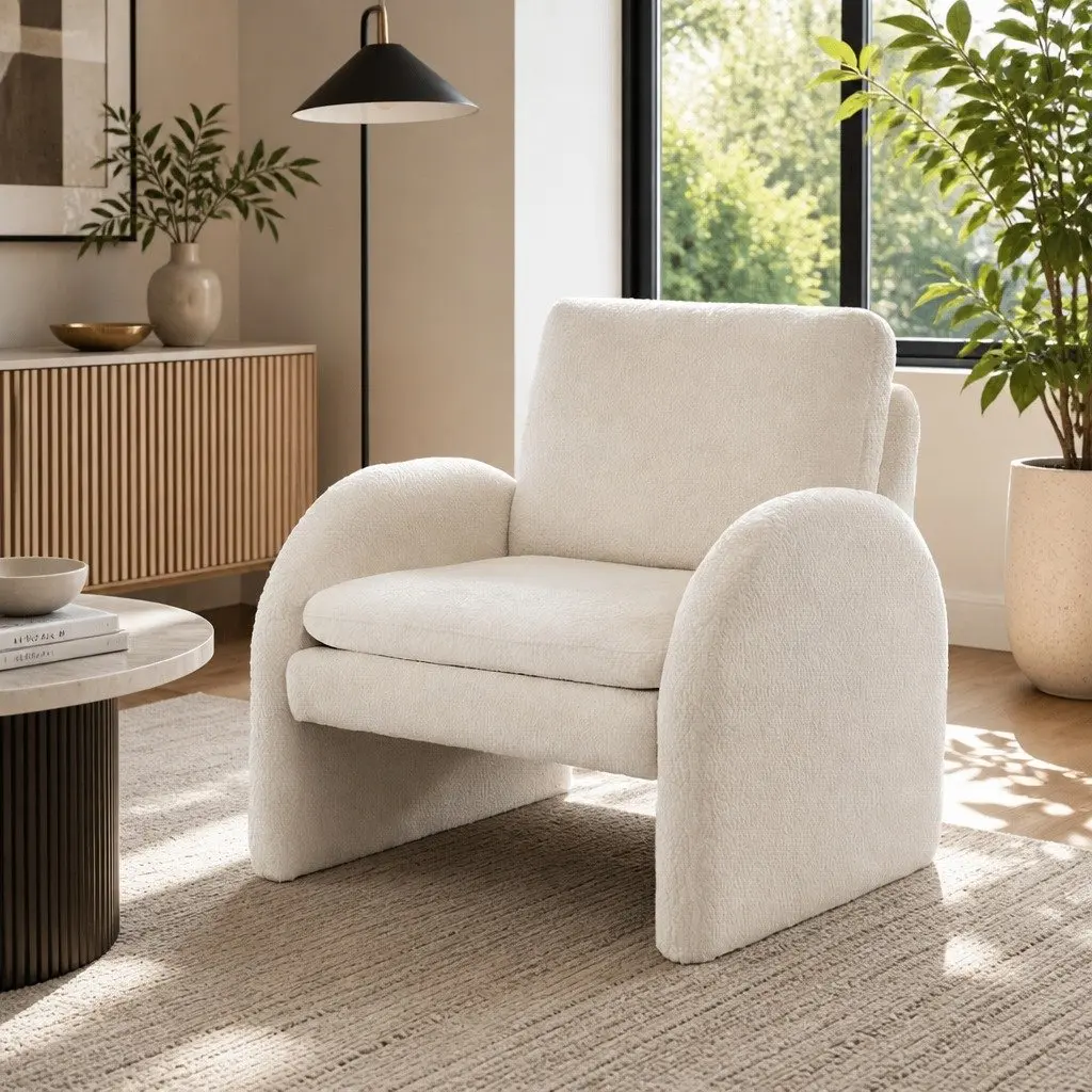 Armchair Accent Chair Lounge Tub Sofa Curved Arm Seat Boucle White