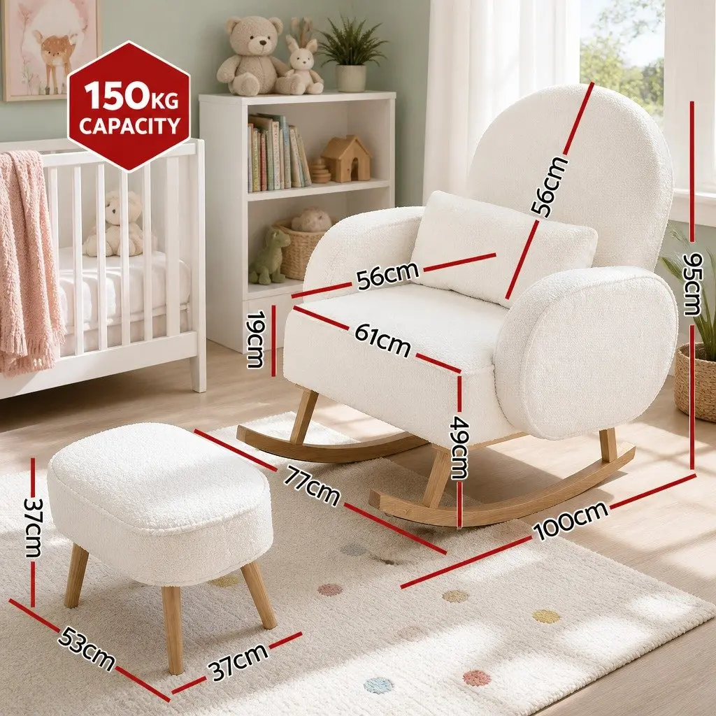 Rocking Chair with Ottoman Round Boucle Armchair Nursing Lounge Footrest White
