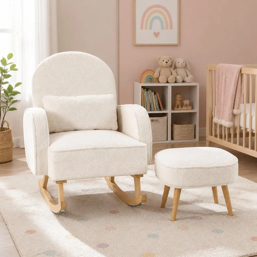 Rocking Chair with Ottoman Round Boucle Armchair Nursing Lounge Footrest White