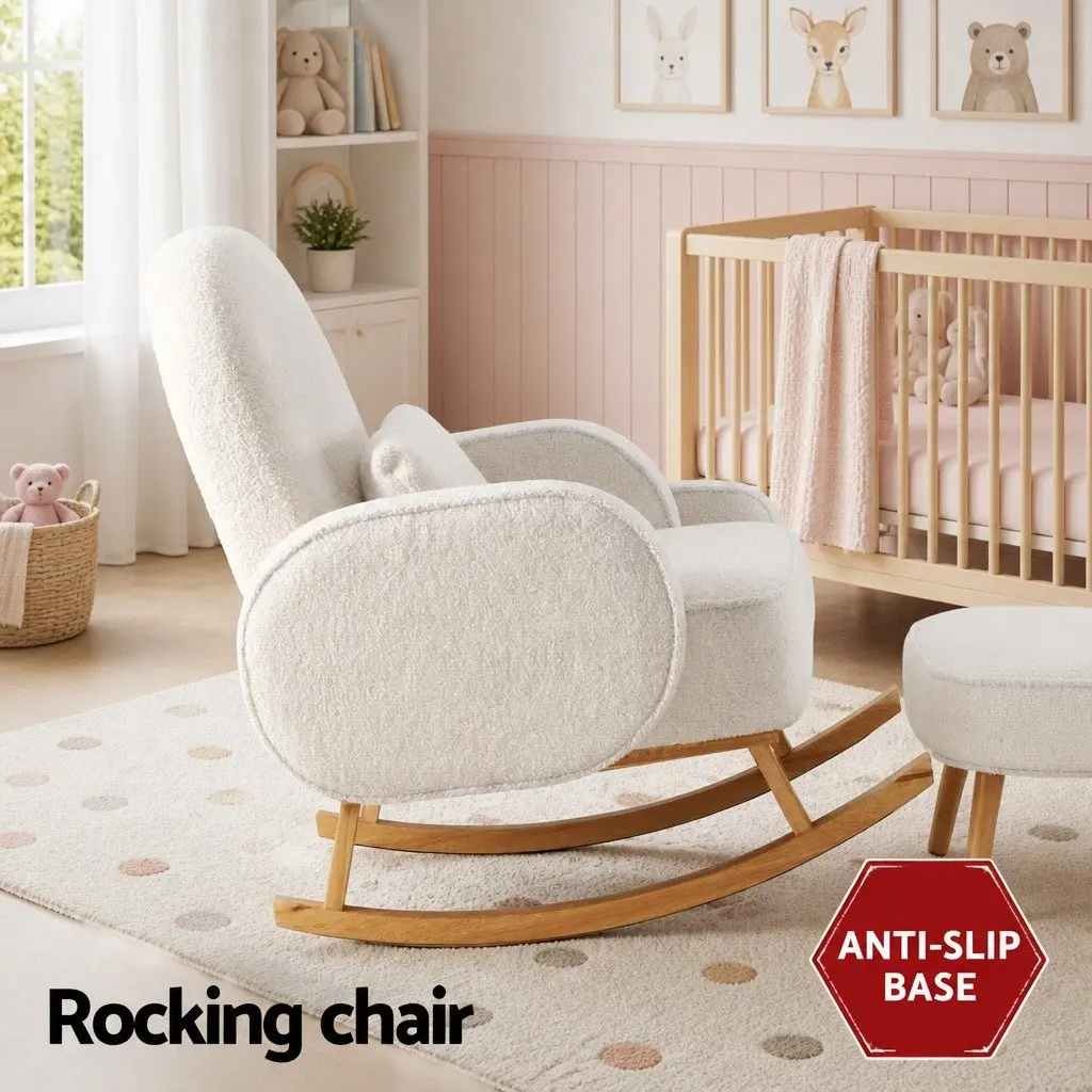 Rocking Chair with Ottoman Round Boucle Armchair Nursing Lounge Footrest White