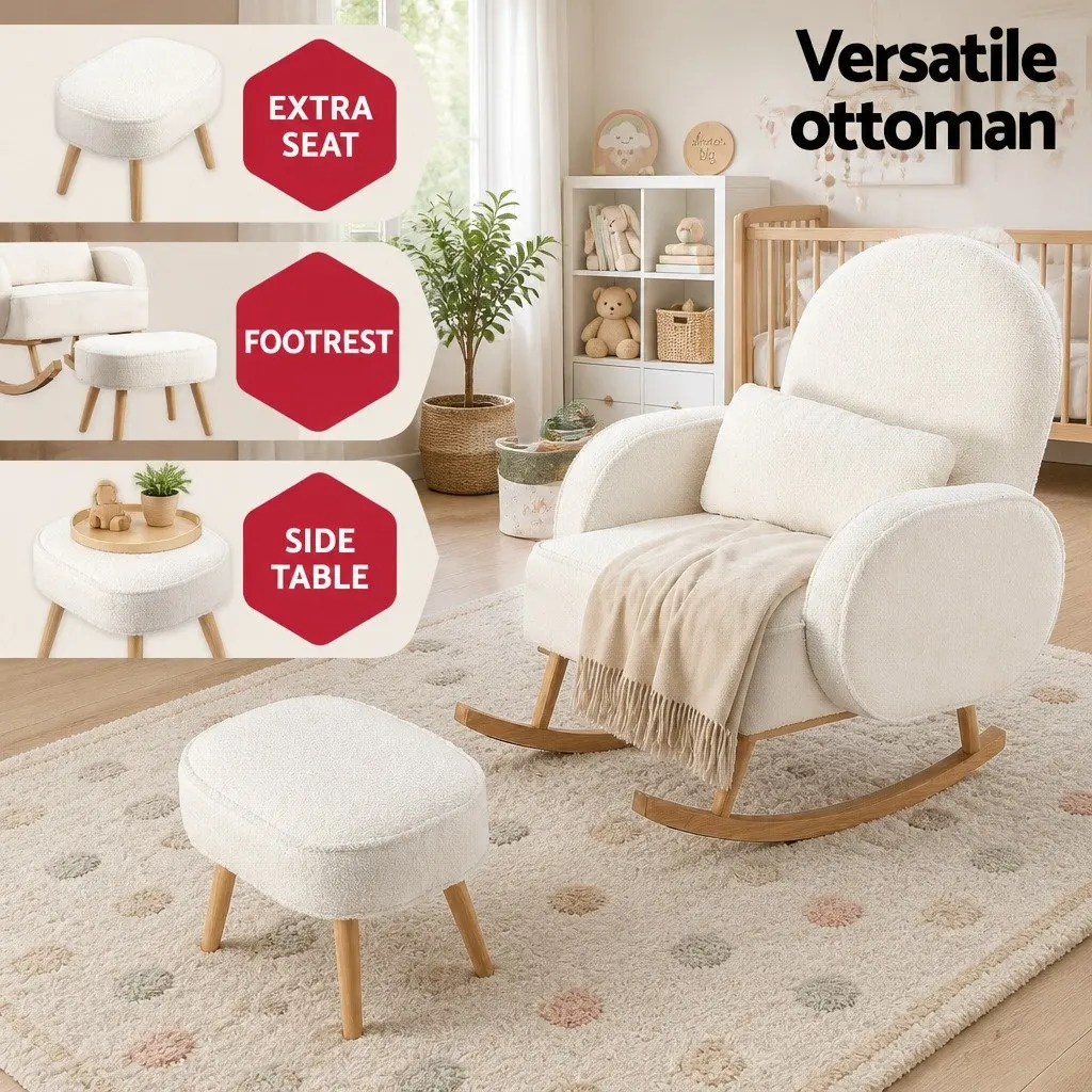 Rocking Chair with Ottoman Round Boucle Armchair Nursing Lounge Footrest White