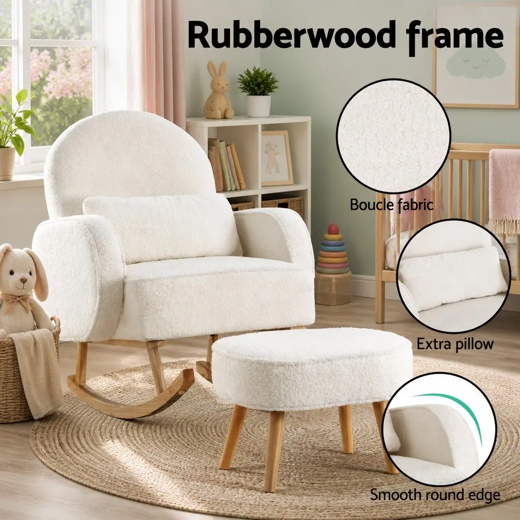 Rocking Chair with Ottoman Round Boucle Armchair Nursing Lounge Footrest White