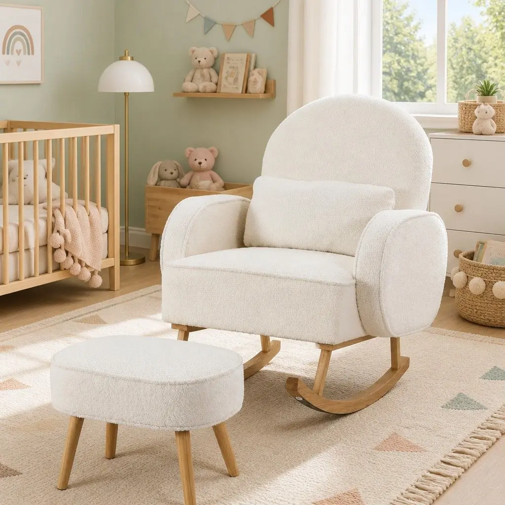 Rocking Chair with Ottoman Round Boucle Armchair Nursing Lounge Footrest White