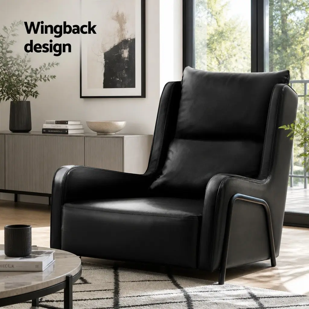 Black PU Leather Wingback Chair with Foam Padding