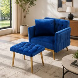 Cozy Blue Velvet Armchair with Matching Ottoman