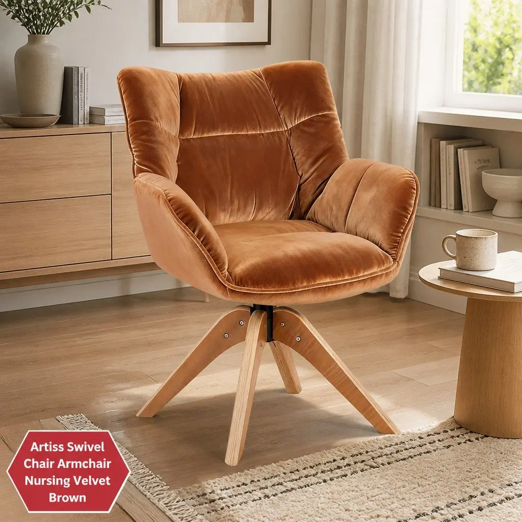 Swivel Armchair Brown Velvet Accent Chair 360 Degree Rotating Nursing Living
