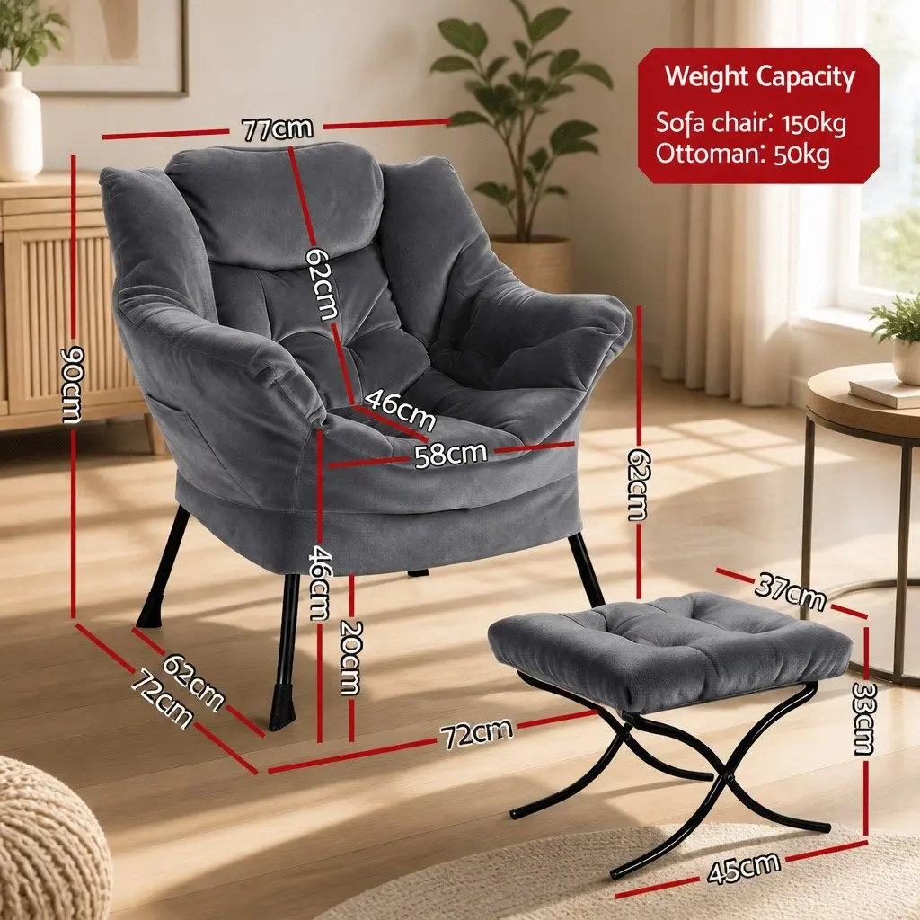 Velvet Accent Armchair Lounge Chair with Ottoman Footrest Grey