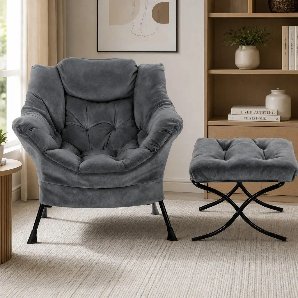 Velvet Accent Armchair Lounge Chair with Ottoman Footrest Grey