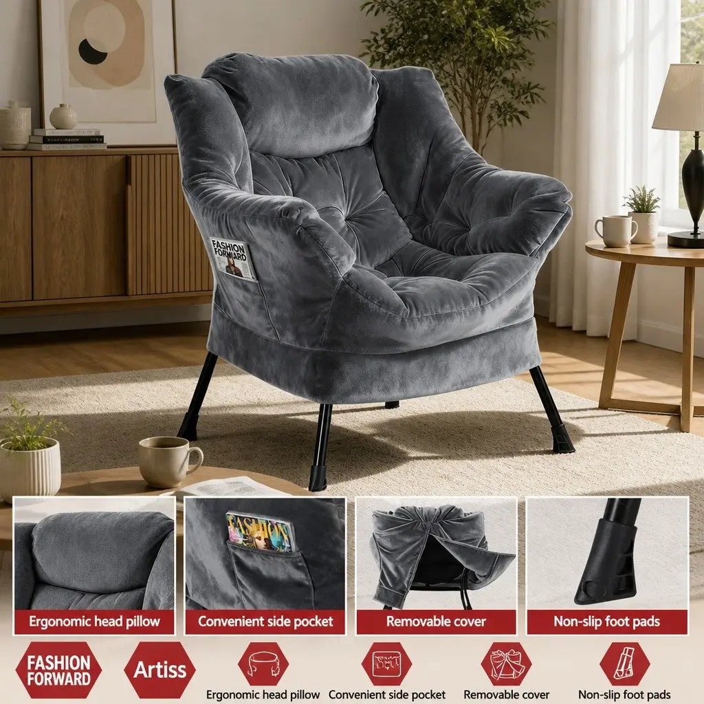 Velvet Accent Armchair Lounge Chair with Ottoman Footrest Grey