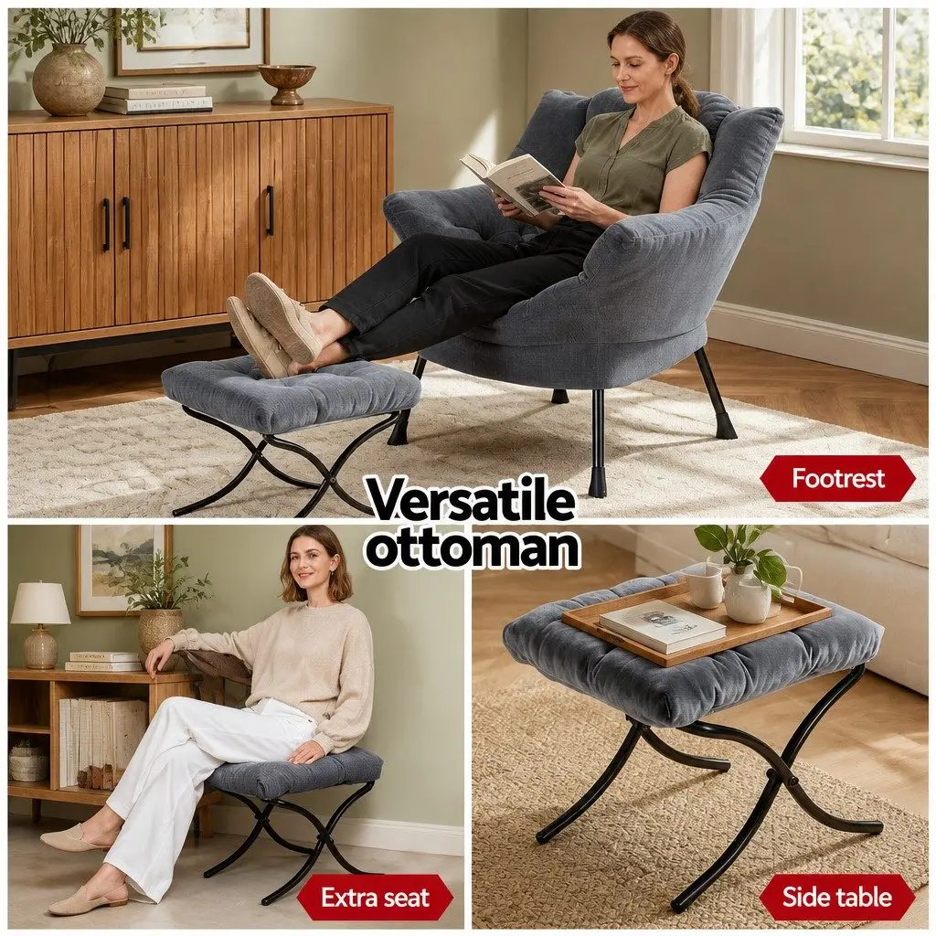 Velvet Accent Armchair Lounge Chair with Ottoman Footrest Grey